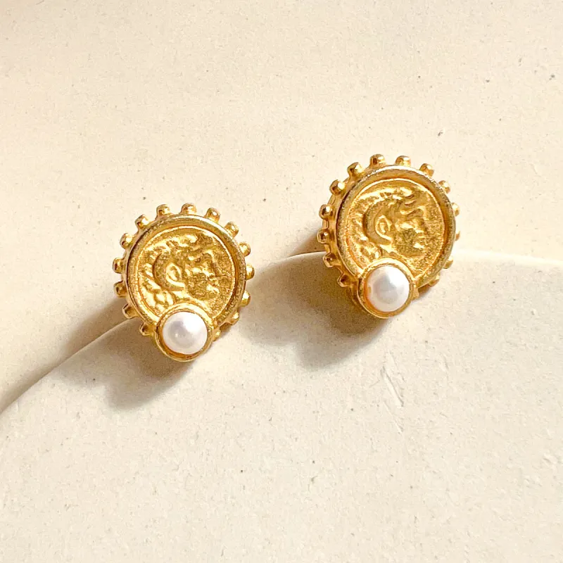 Alexander the Great coin pearl stud earrings sold by Gather Brooklyn