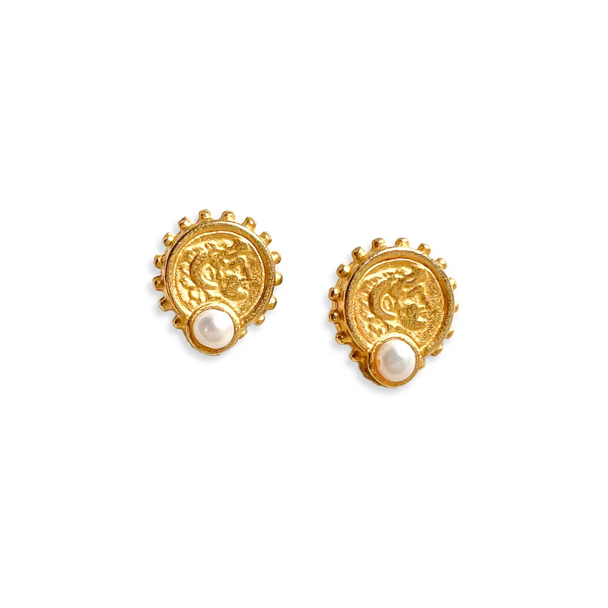 Alexander the Great coin pearl stud earrings sold by Gather Brooklyn product image thumbnail 2