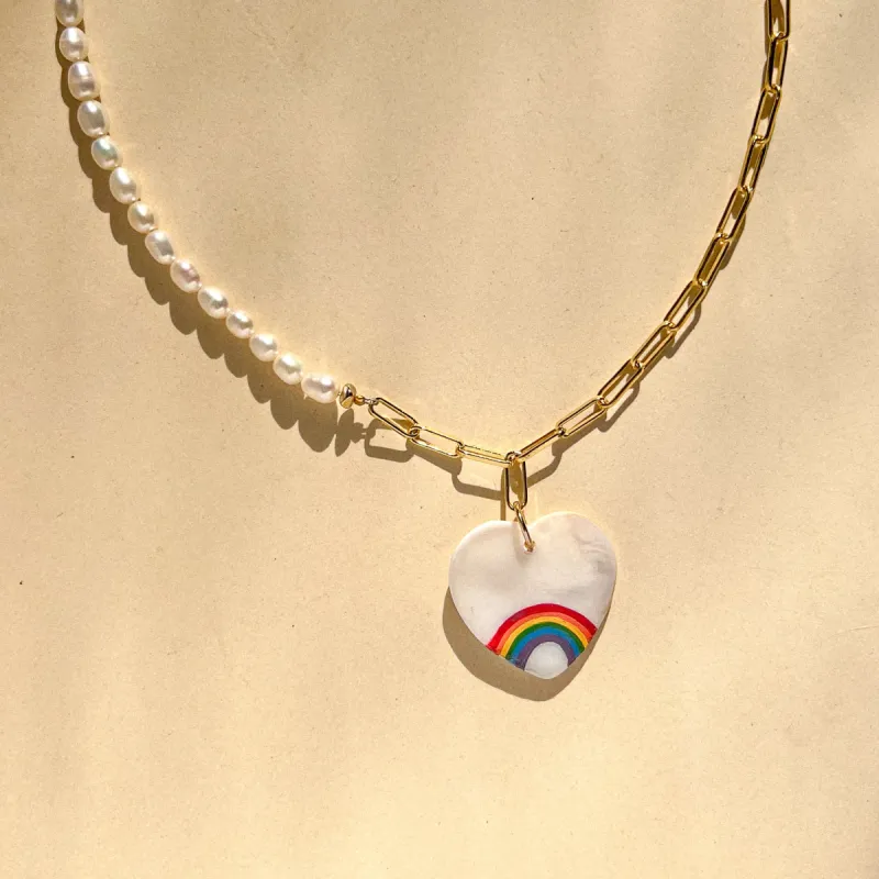 Rainbow Heart & Half Pearl Chain Necklace sold by Gather Brooklyn
