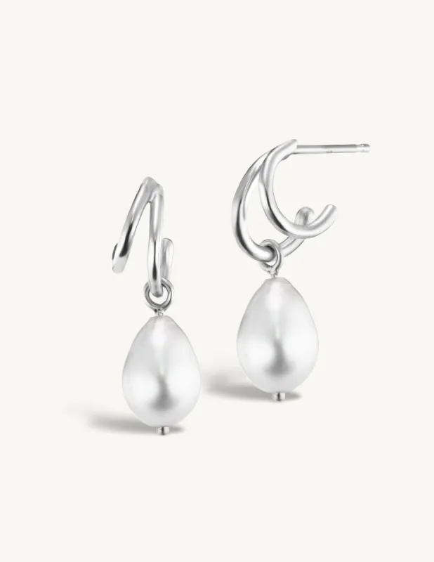 SRJ x KJH Sterling Silver Webbed Hoop with Hanging Pearl sold by Sophie Ratner