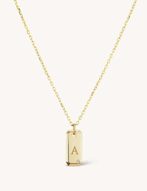 Engraved Initial Tag Necklace with Diamond - In Stock sold by Sophie Ratner