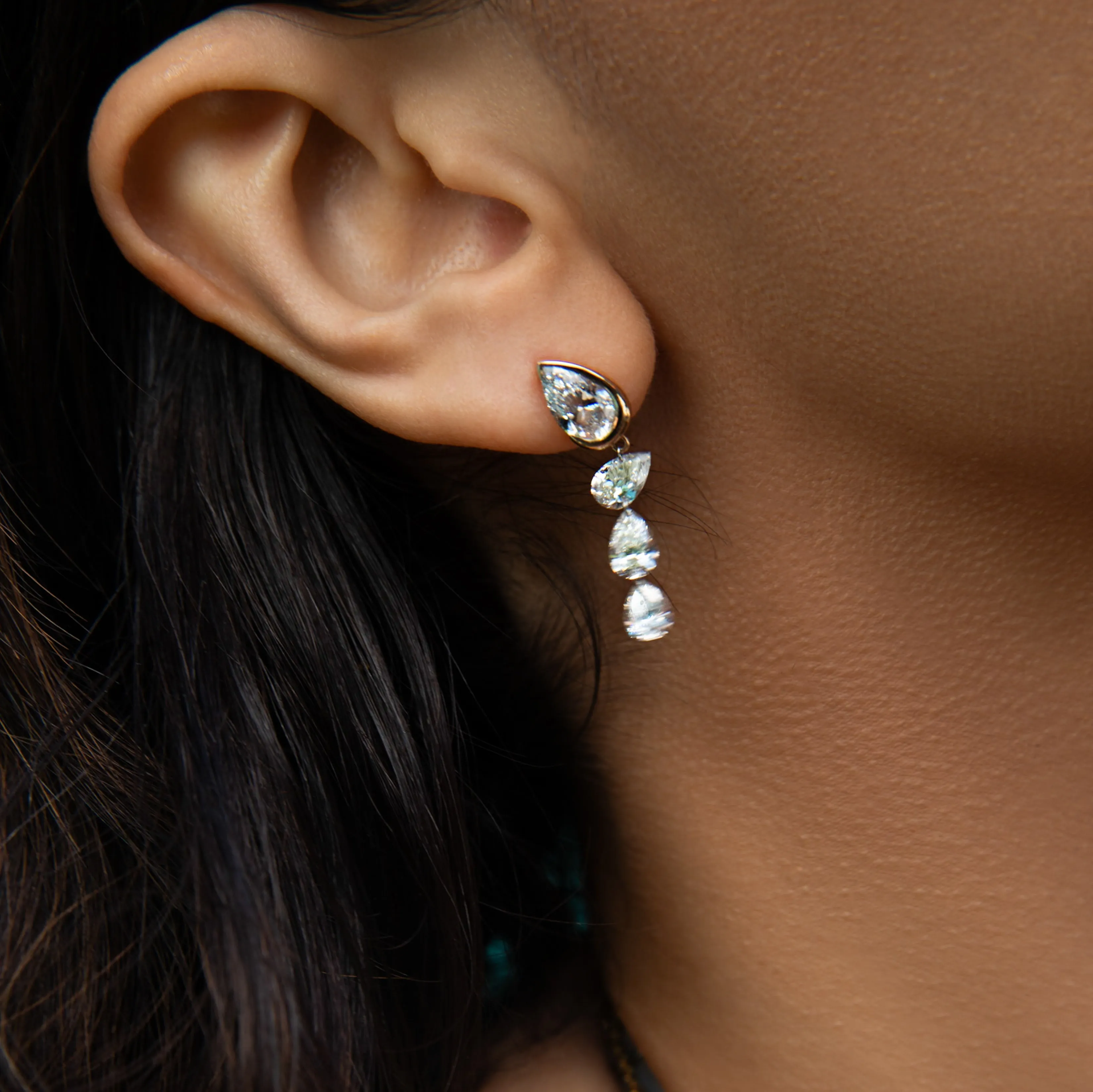 Asymmetrical Droplet Studs with Dangling Pierced Diamond Pears sold by Sophie Ratner product image thumbnail 4