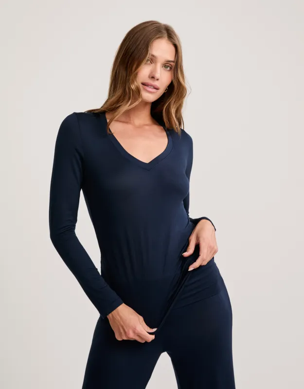 Memphis Long Sleeve V Neck Tee - Navy sold by The Wheat Collection