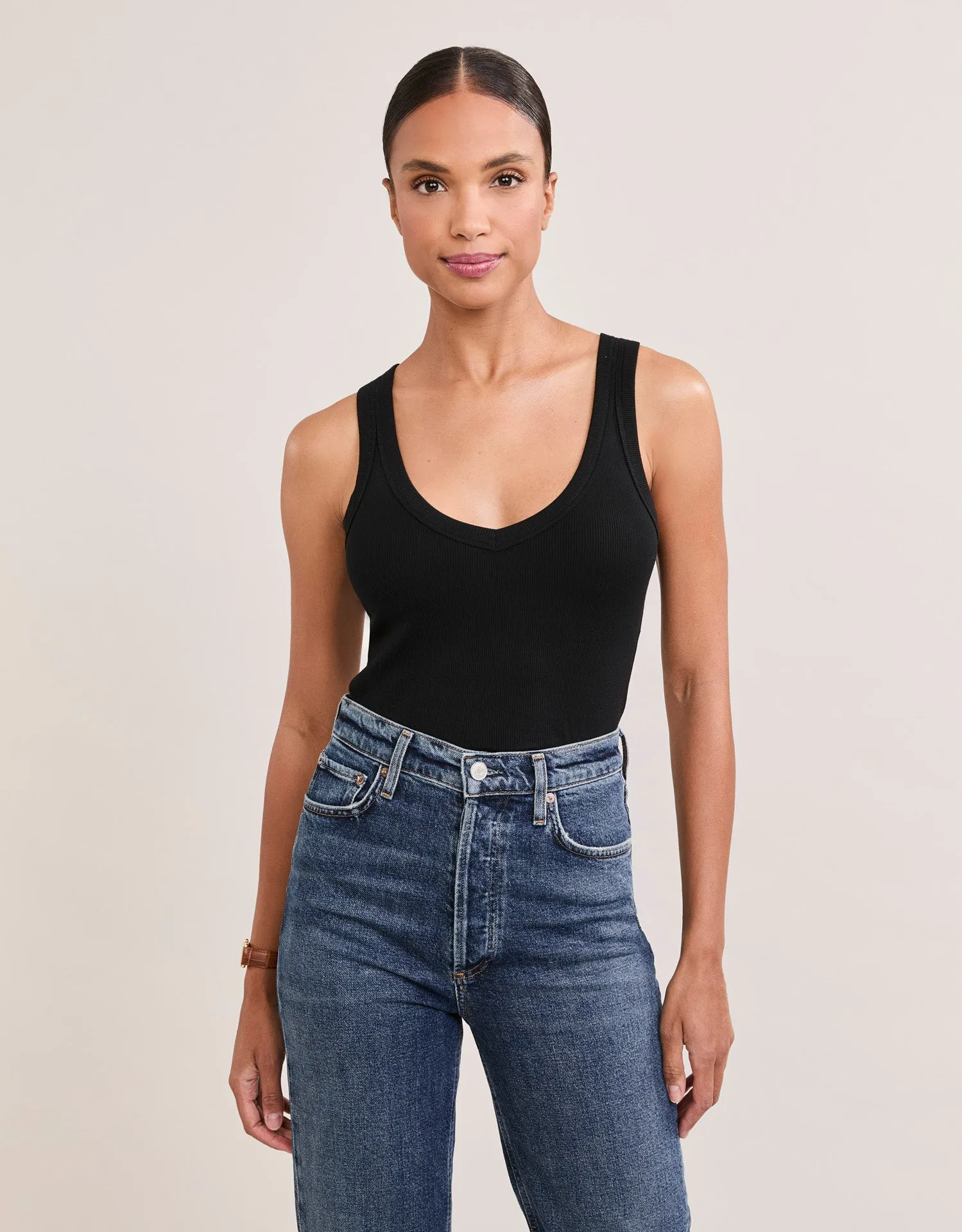 Augusta Ribbed V Neck Tank - Black sold by The Wheat Collection product image thumbnail 4