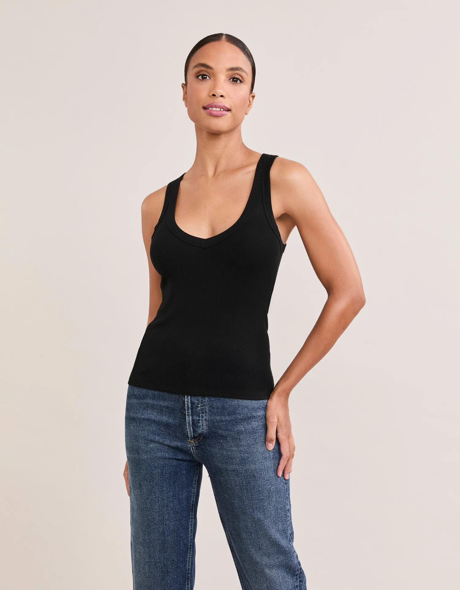 Augusta Ribbed V Neck Tank - Black sold by The Wheat Collection