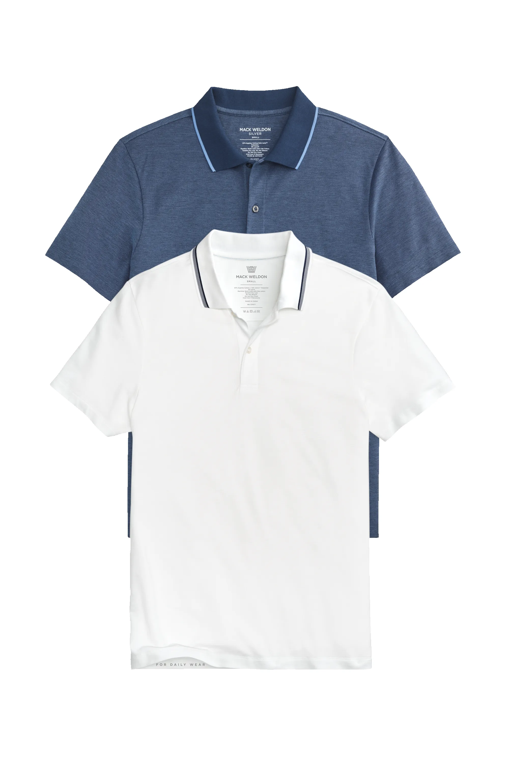 2-Pack SILVER Pique Polo Total Eclipse Chambray Oxford / Bright White Tipped sold by Mack Weldon