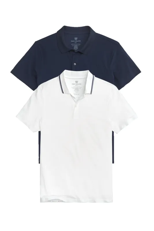 2-Pack SILVER Pique Polo Bright White Tipped / True Navy sold by Mack Weldon