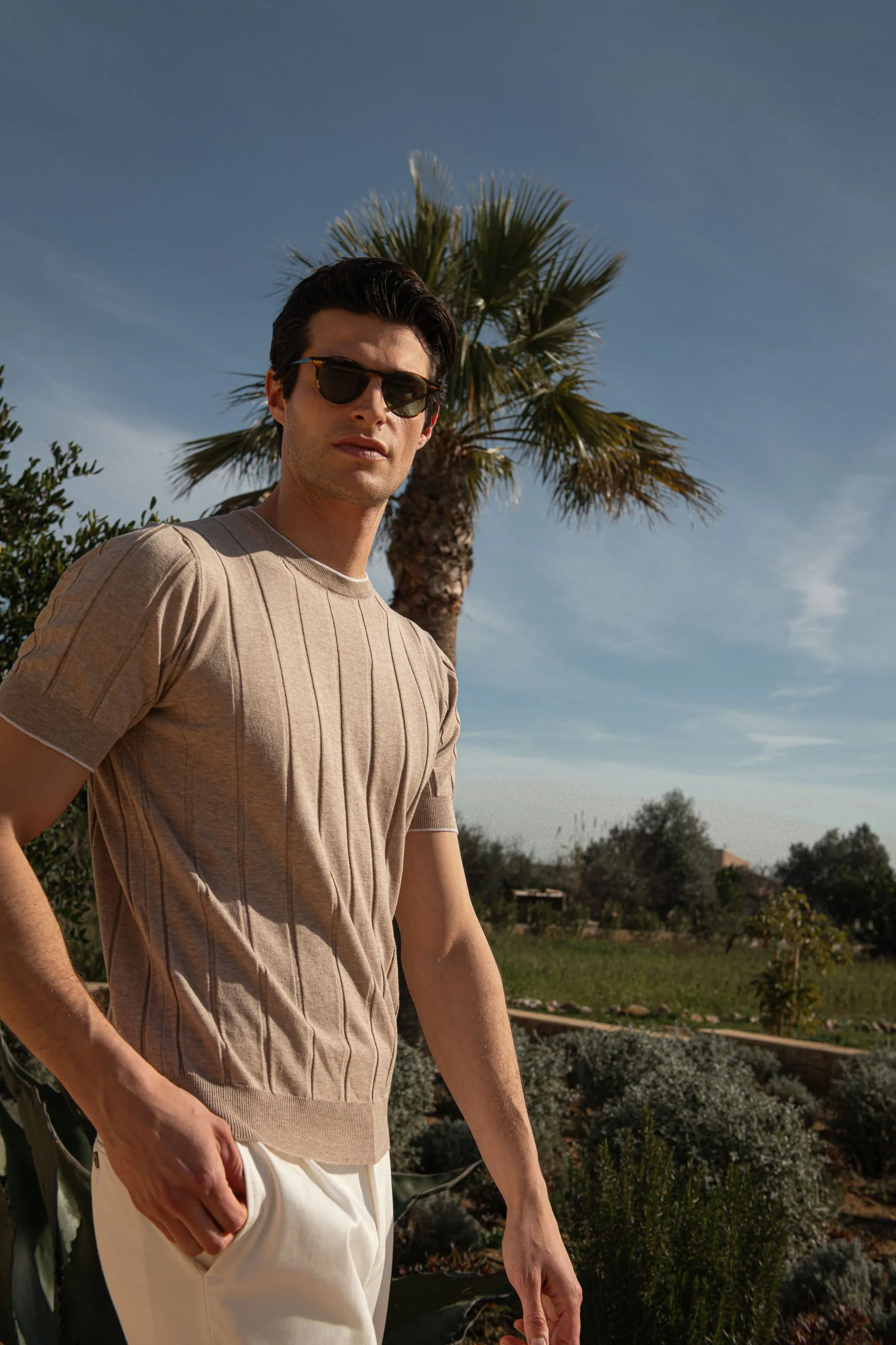 Taupe ribbed t-shirt - Made in Italy sold by Pini Parma