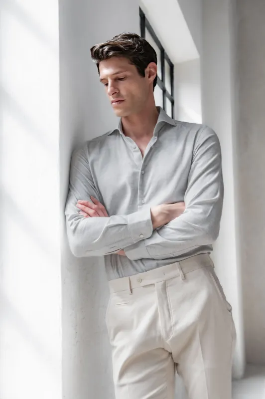 Light grey herringbone cotton and Tencel™ shirt - Made In Italy sold by Pini Parma