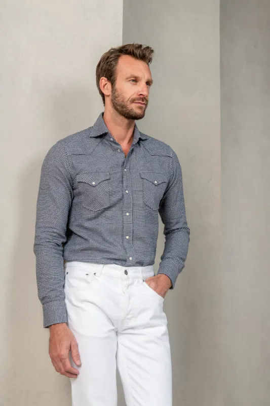 Blue Prince of Wales western shirt - Made in Italy sold by Pini Parma