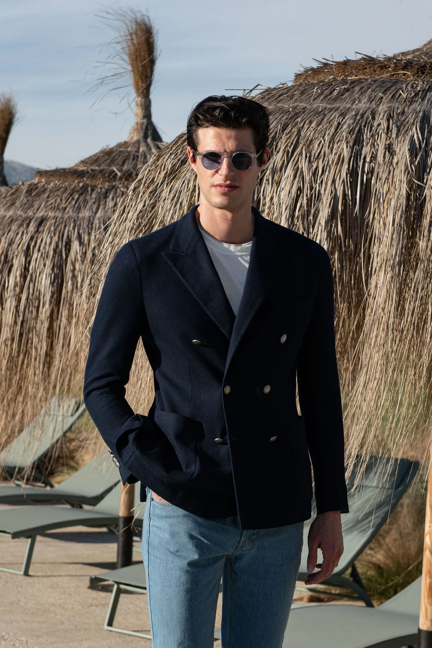 Navy double breasted jersey jacket - Made in Italy sold by Pini Parma