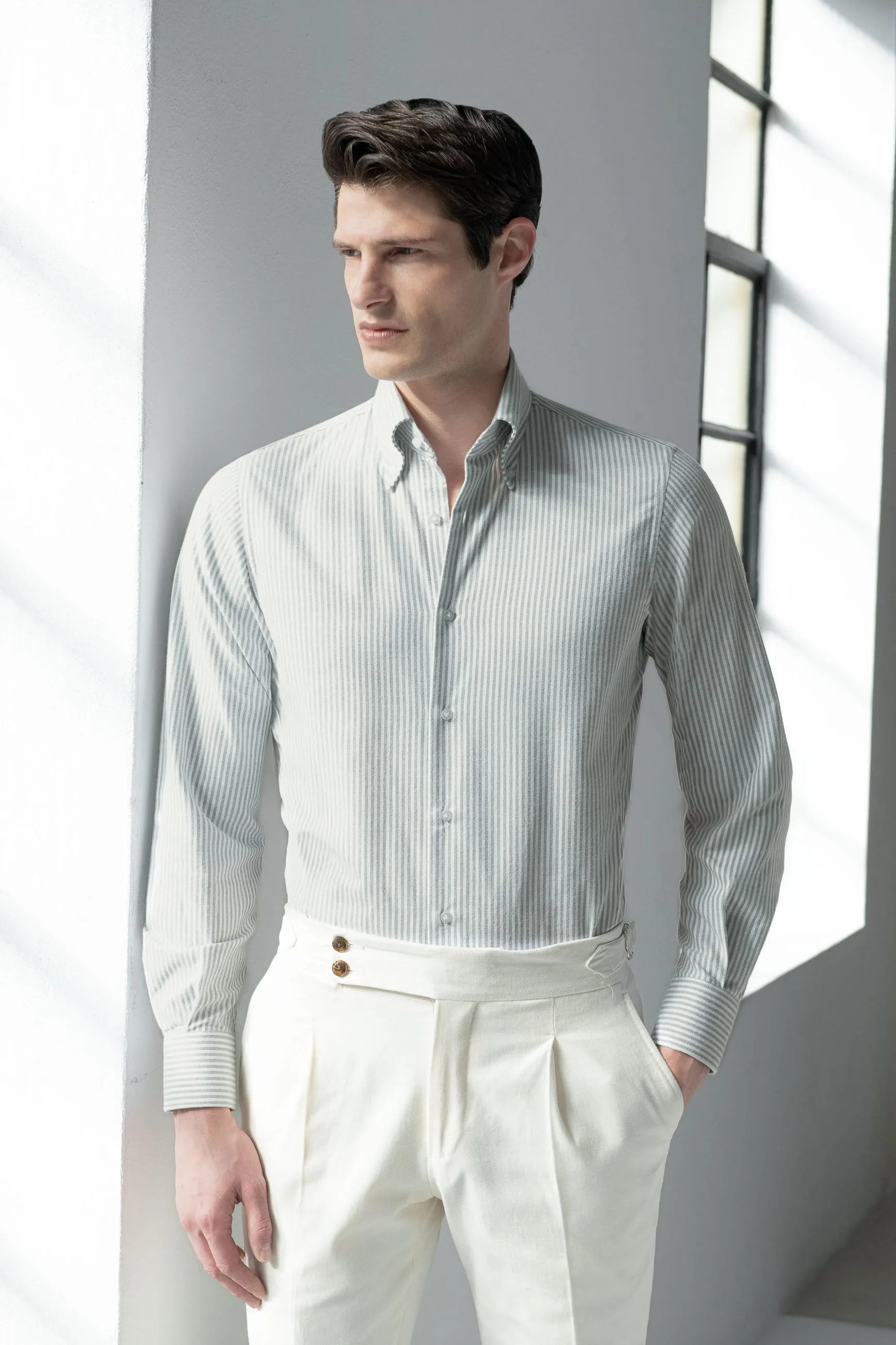 Green striped soft oxford button down shirt - Made In Italy sold by Pini Parma