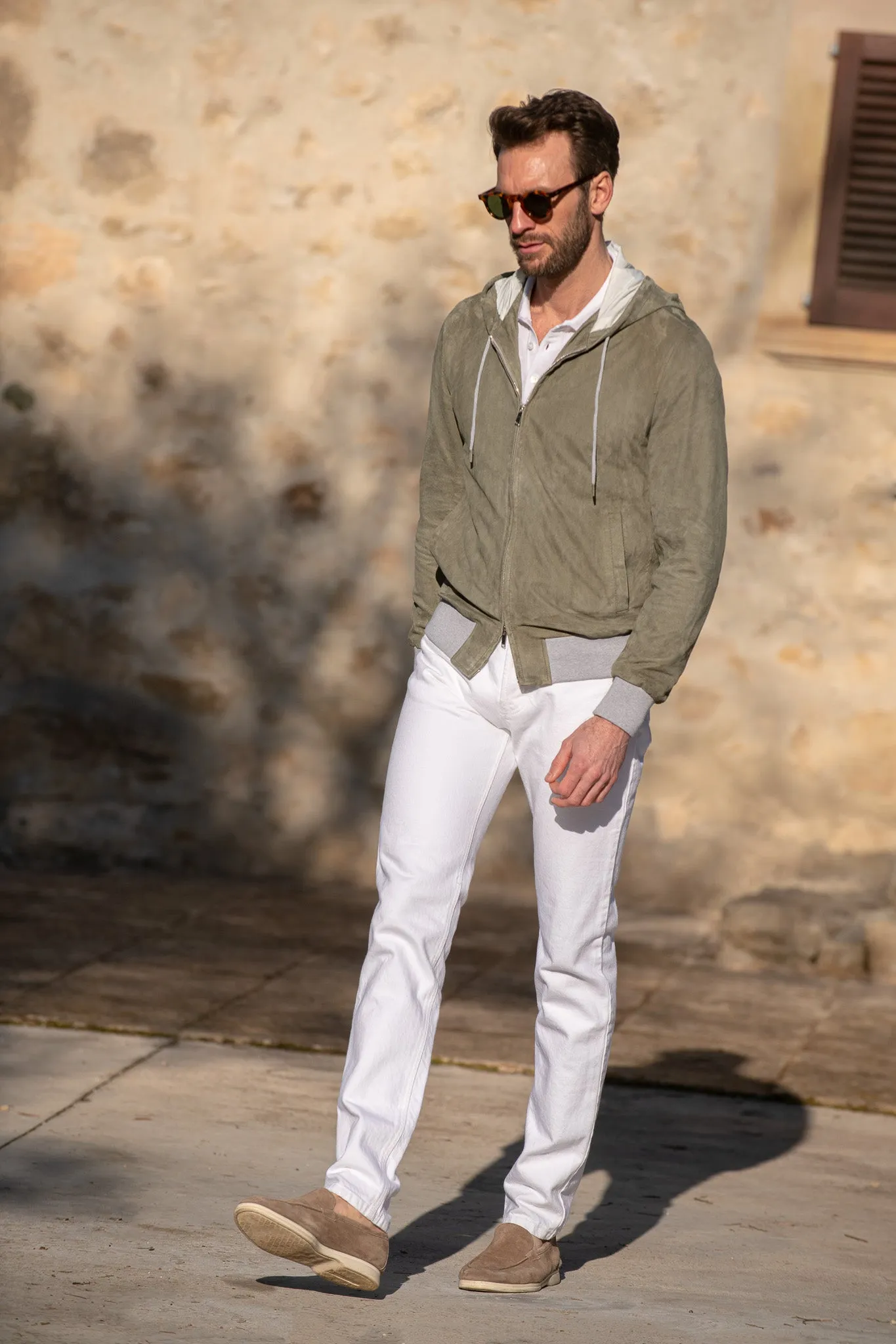 Sage suede hooded bomber jacket – Made in Italy sold by Pini Parma product image thumbnail 4