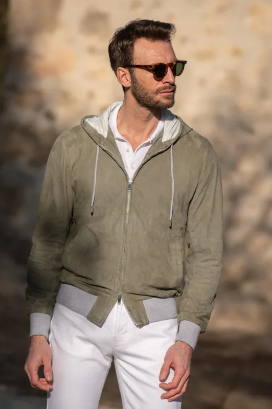 Sage suede hooded bomber jacket – Made in Italy sold by Pini Parma