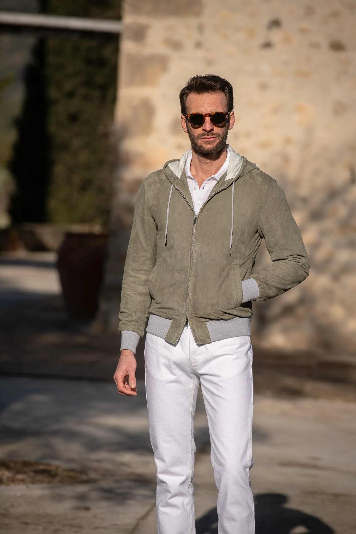 Sage suede hooded bomber jacket – Made in Italy sold by Pini Parma product image thumbnail 2