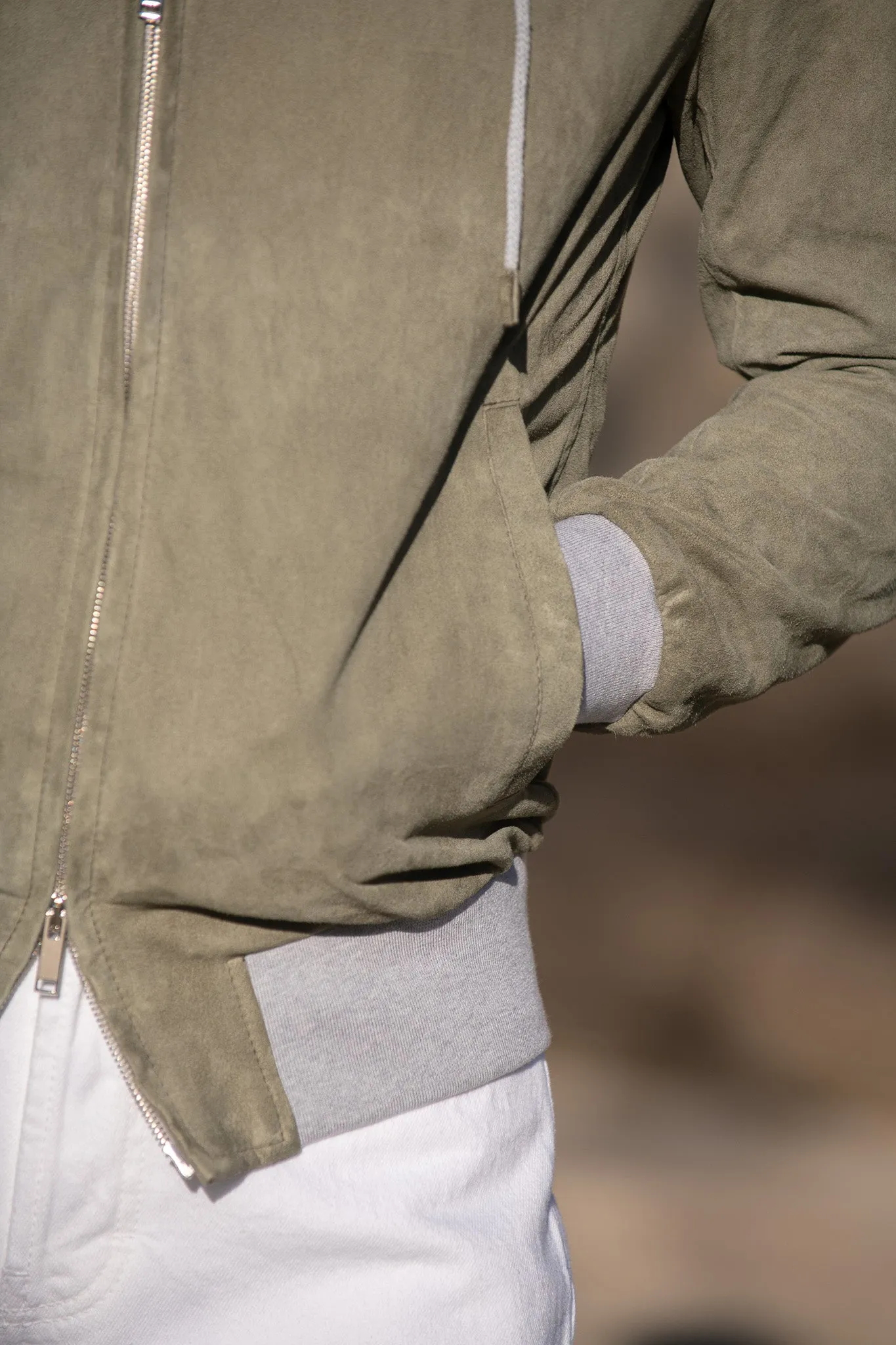 Sage suede hooded bomber jacket – Made in Italy sold by Pini Parma product image thumbnail 5