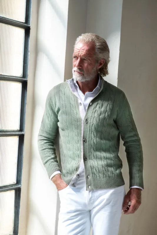 Sage cable knit cardigan – Made in Italy sold by Pini Parma