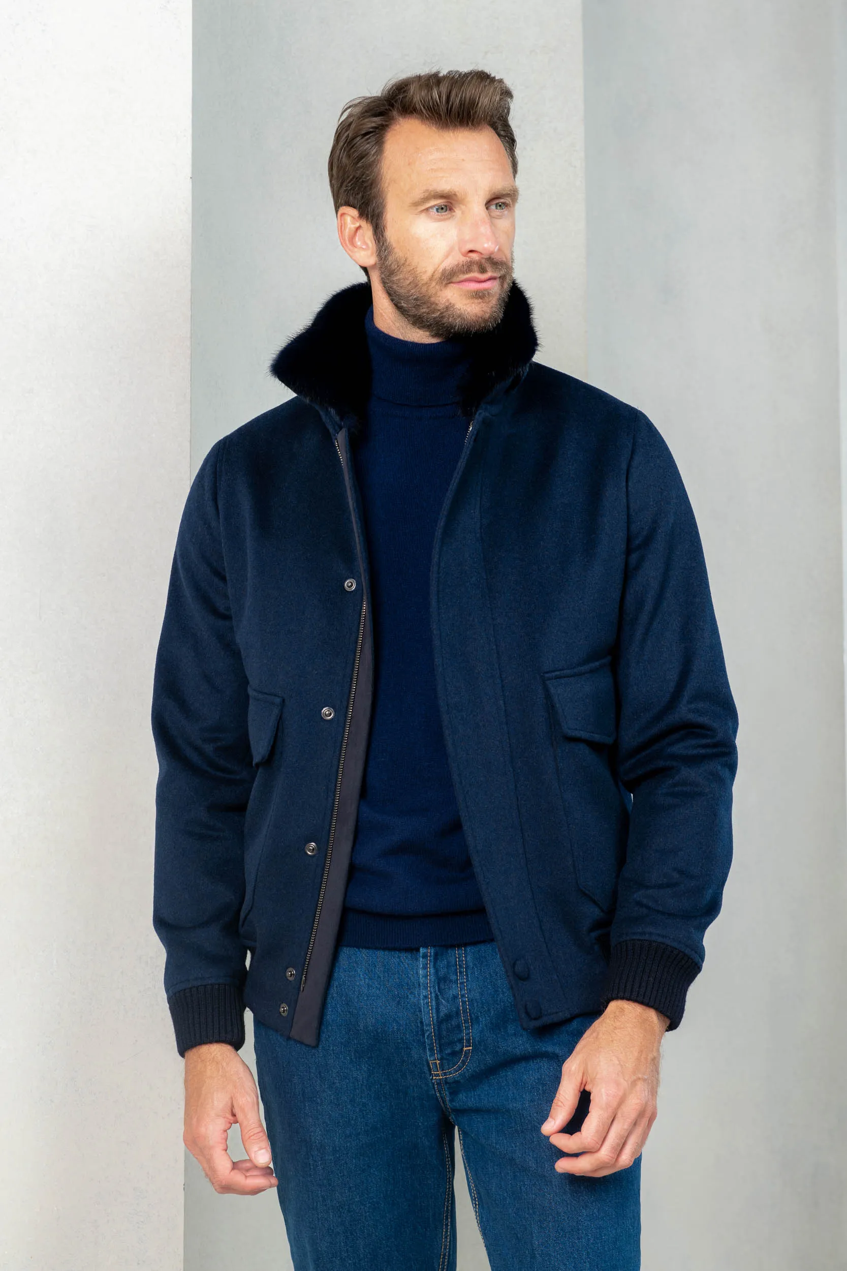 Blue short coat with removable shearling collar – Made in Italy sold by Pini Parma