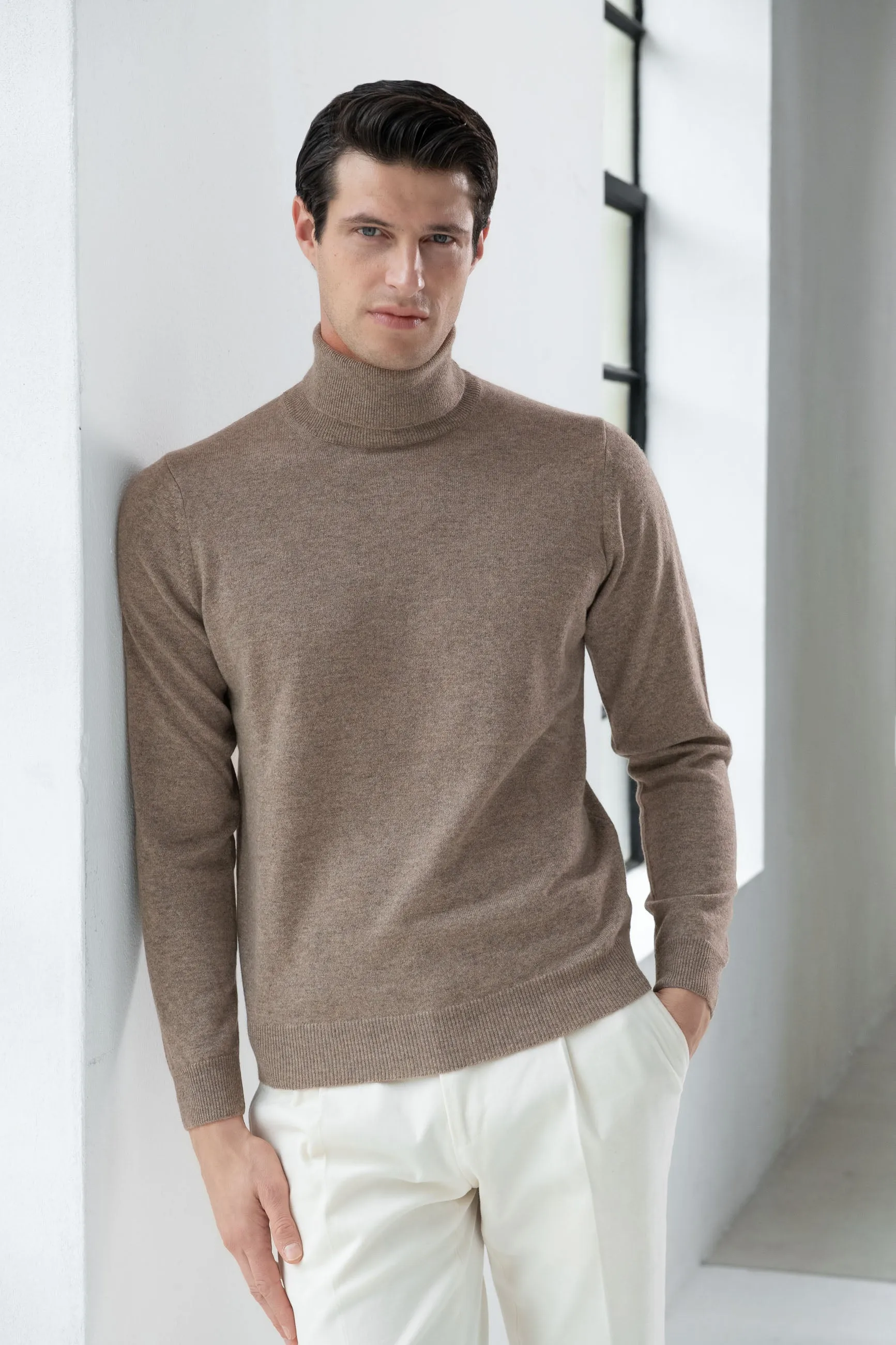 Taupe cashmere turtleneck – Made in italy sold by Pini Parma