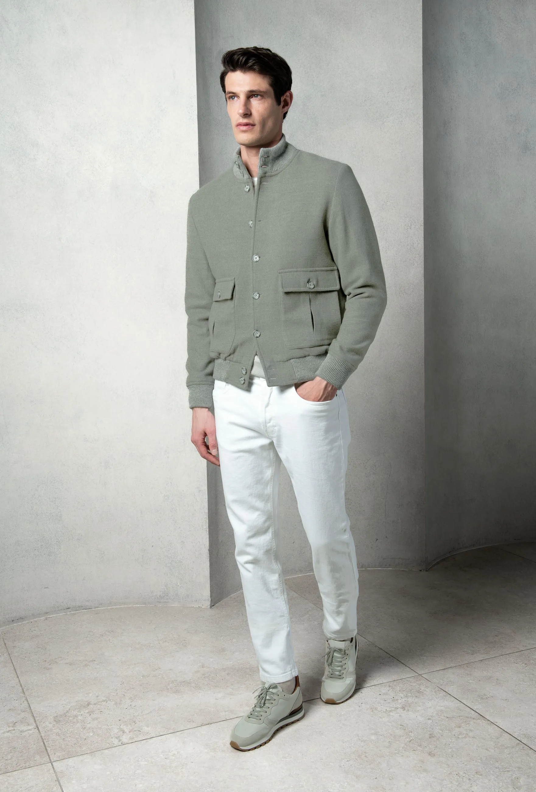 Sage Super 180's wool flannel bomber jacket – Made in Italy sold by Pini Parma product image thumbnail 3