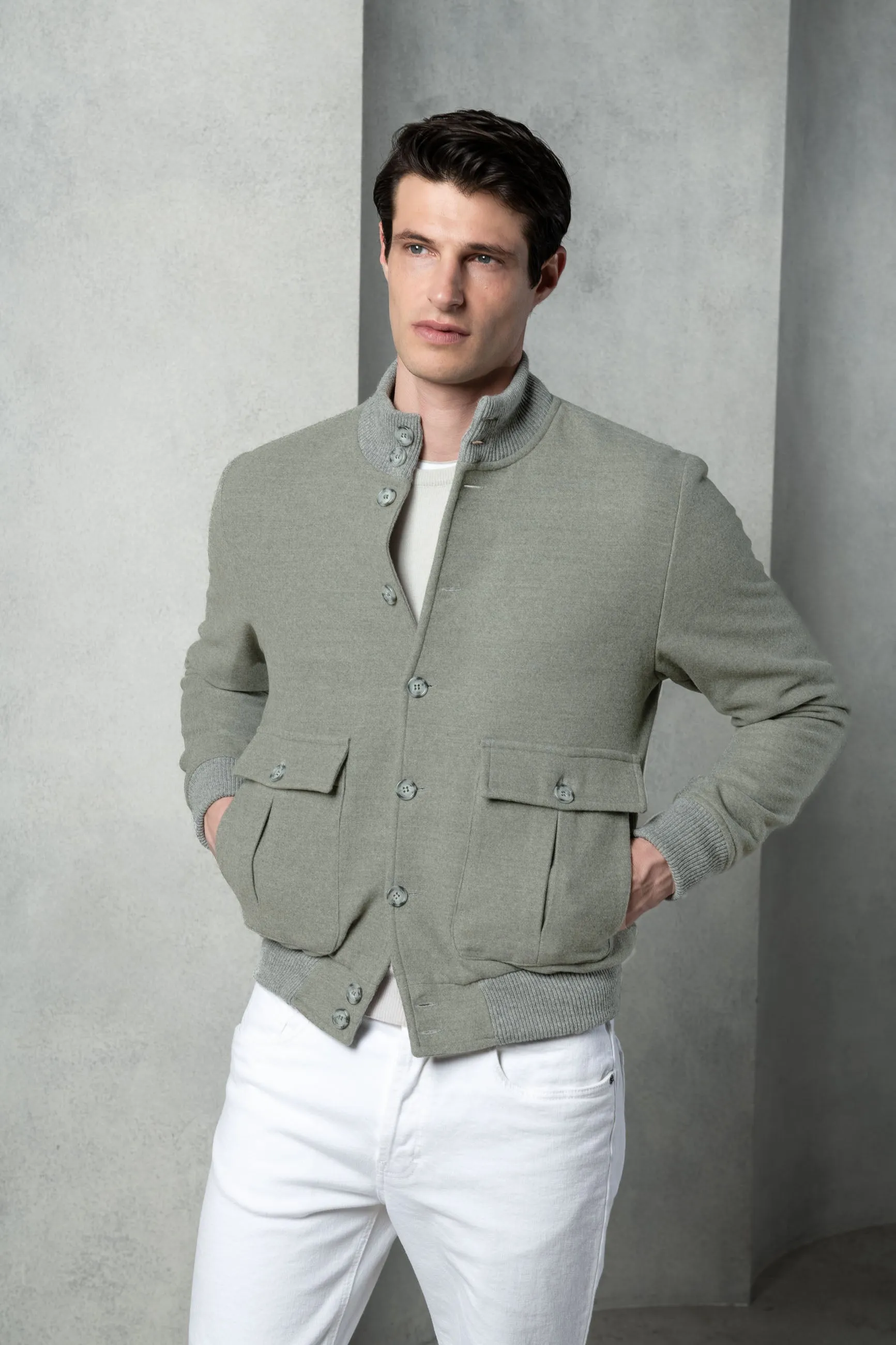 Sage Super 180's wool flannel bomber jacket – Made in Italy sold by Pini Parma product image thumbnail 4