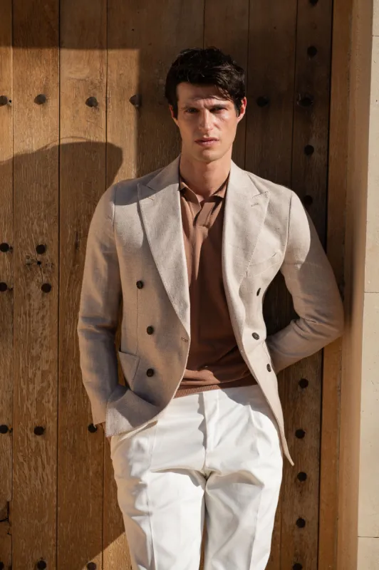 Beige double breasted linen cotton and silk jacket - Made in Italy sold by Pini Parma