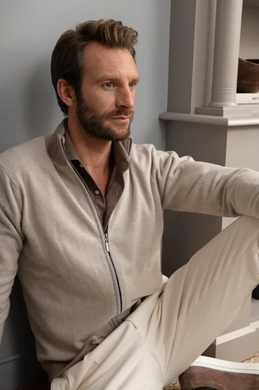 Beige and taupe full zip cardigan – Made in Italy sold by Pini Parma