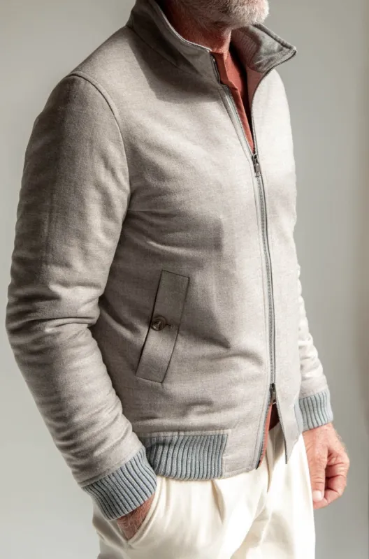 Taupe down bomber in Loro Piana wool – Made in Italy sold by Pini Parma