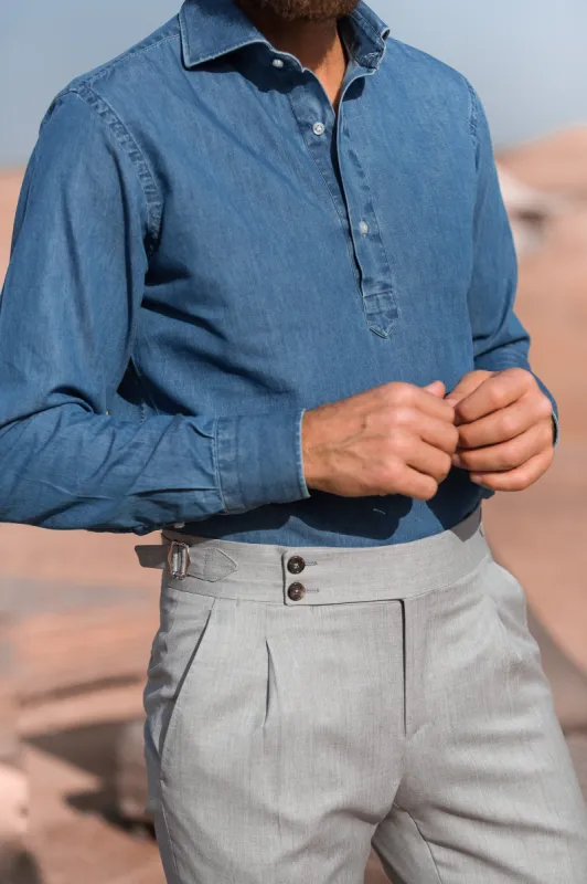 Light blue denim popover shirt - Made in Italy sold by Pini Parma