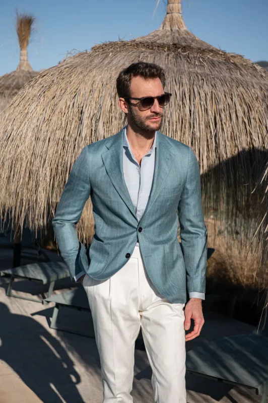 Water green herringbone jacket in wool silk and linen - Made in Italy sold by Pini Parma