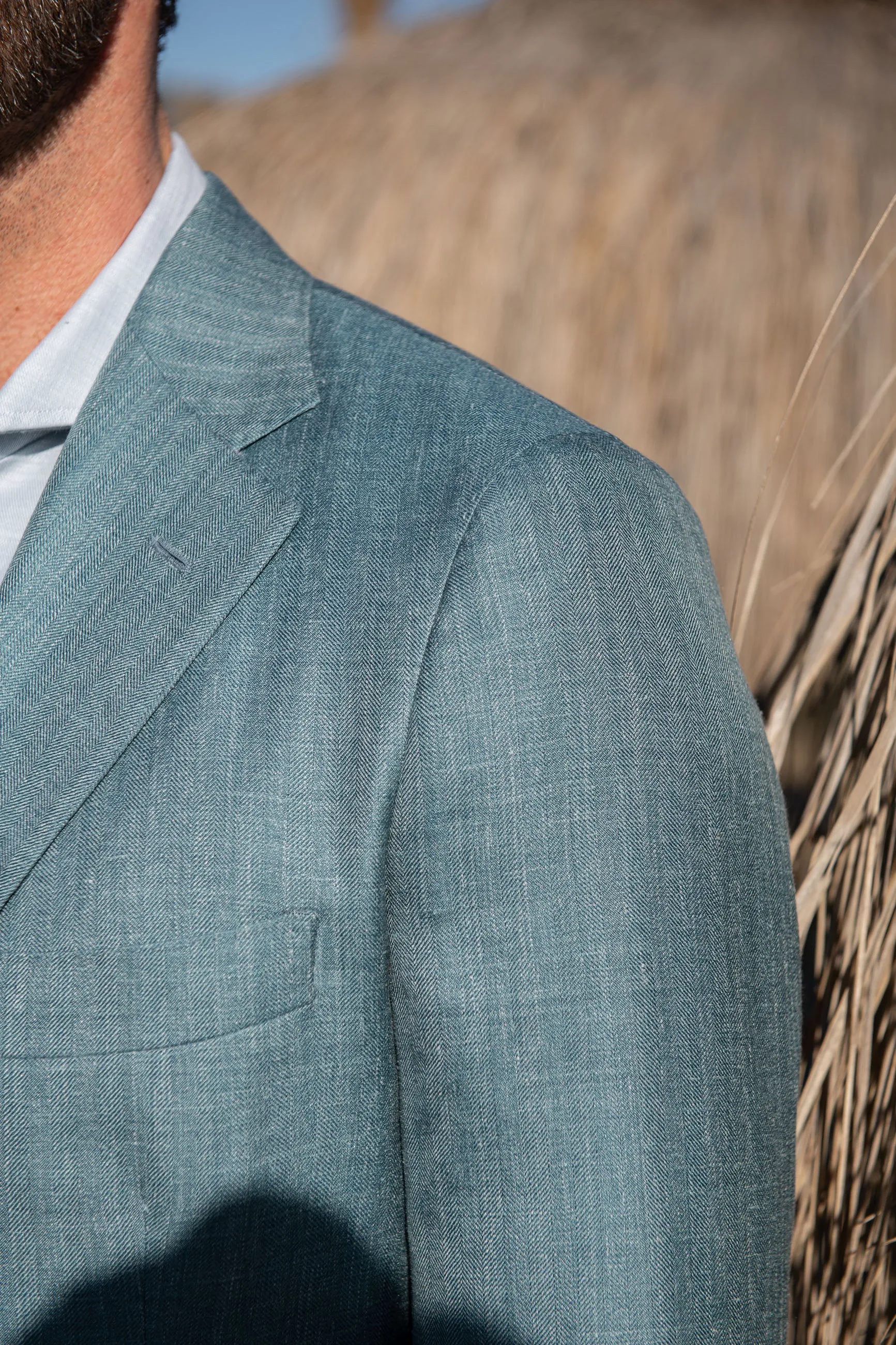 Water green herringbone jacket in wool silk and linen - Made in Italy sold by Pini Parma product image thumbnail 2