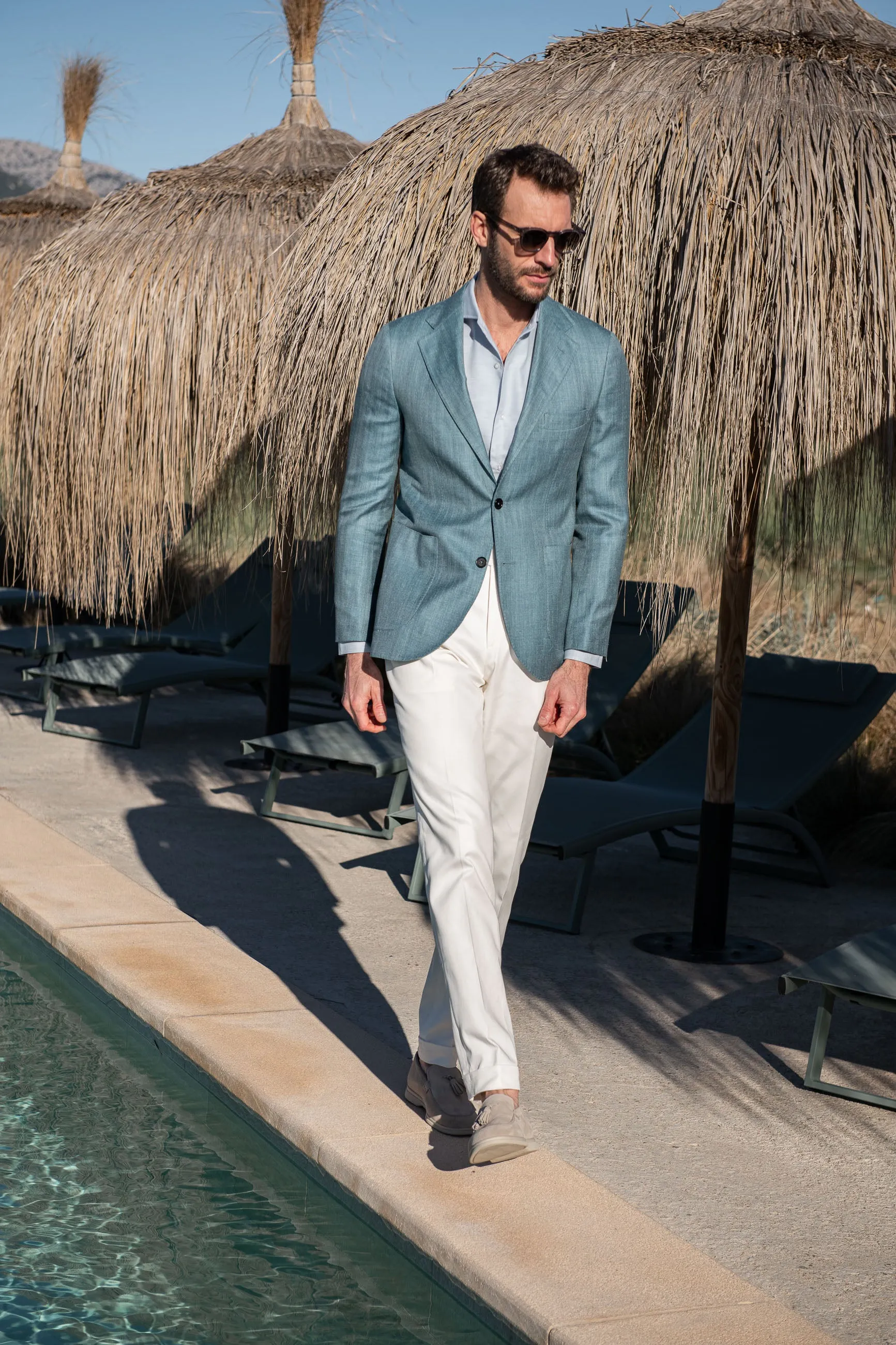 Water green herringbone jacket in wool silk and linen - Made in Italy sold by Pini Parma product image thumbnail 5