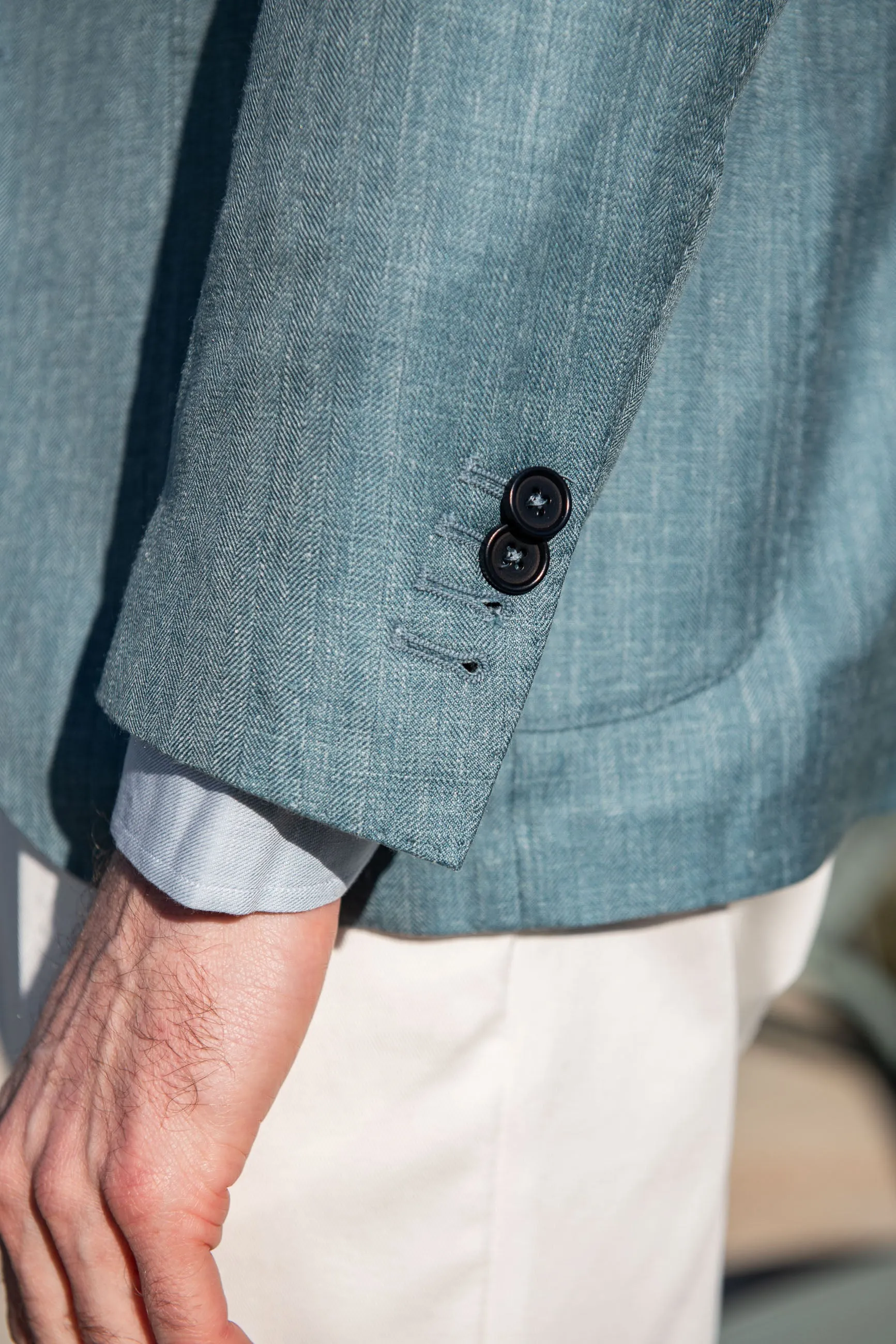 Water green herringbone jacket in wool silk and linen - Made in Italy sold by Pini Parma product image thumbnail 3