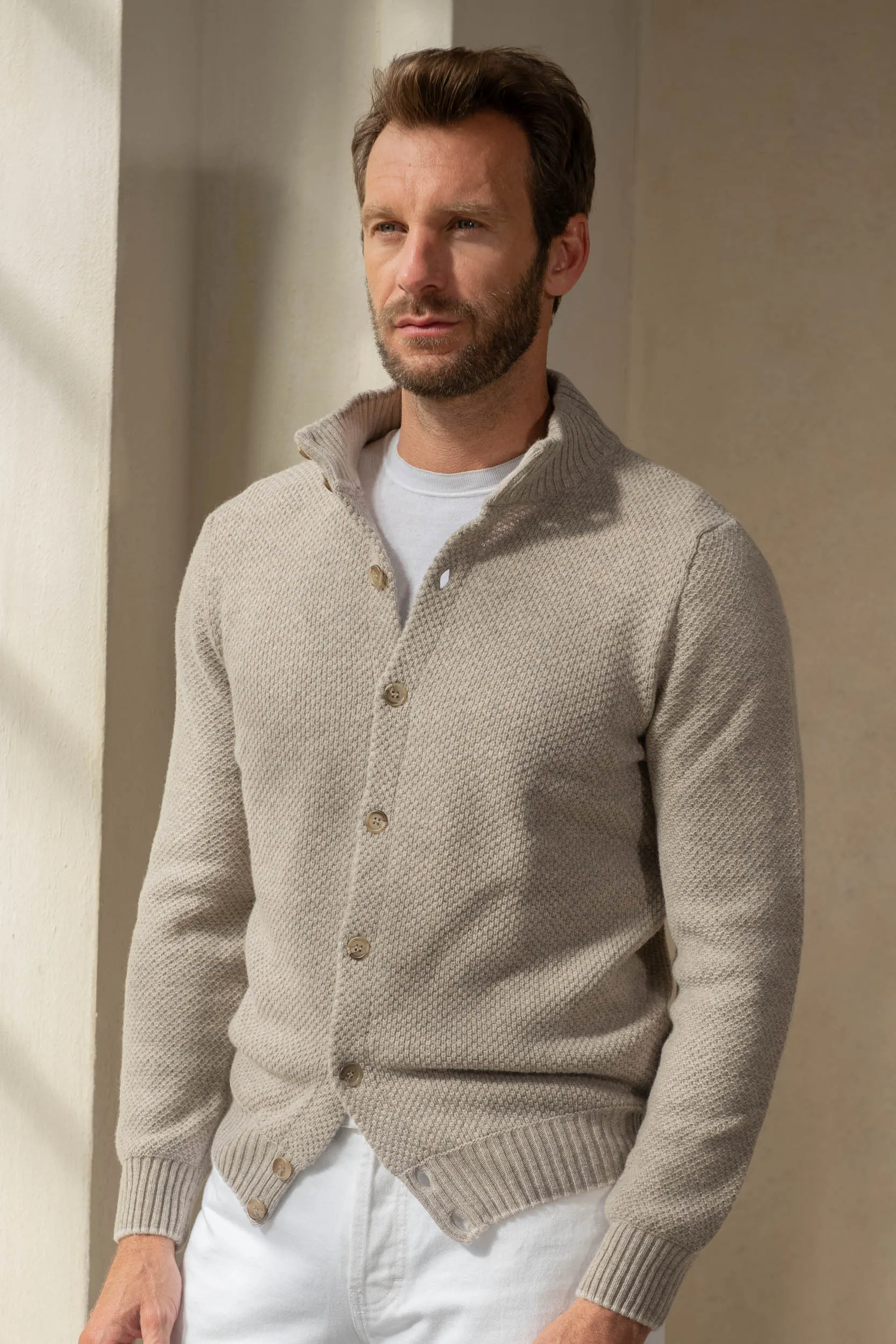 Beige textured cashmere blend cardigan – Made in Italy sold by Pini Parma