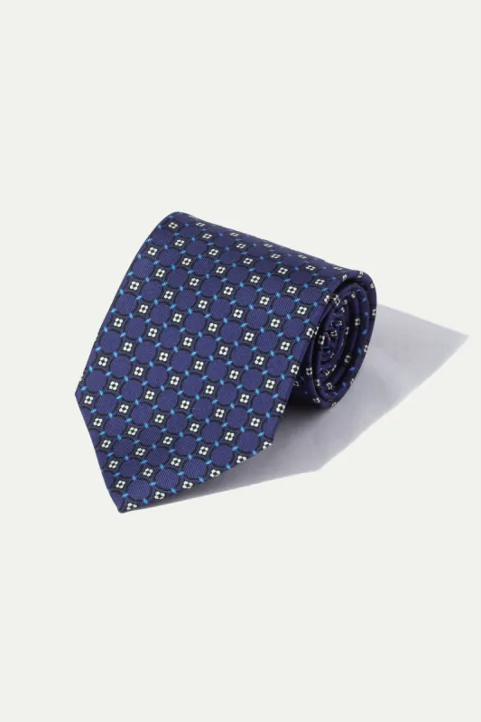 Navy fancy printed silk tie - Made In Italy sold by Pini Parma