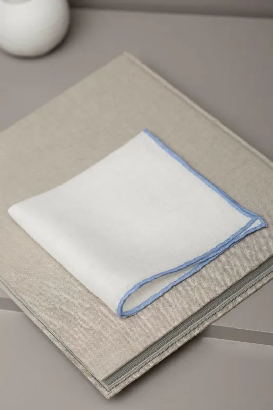 White/Light blue linen pocket square - Made in Italy sold by Pini Parma