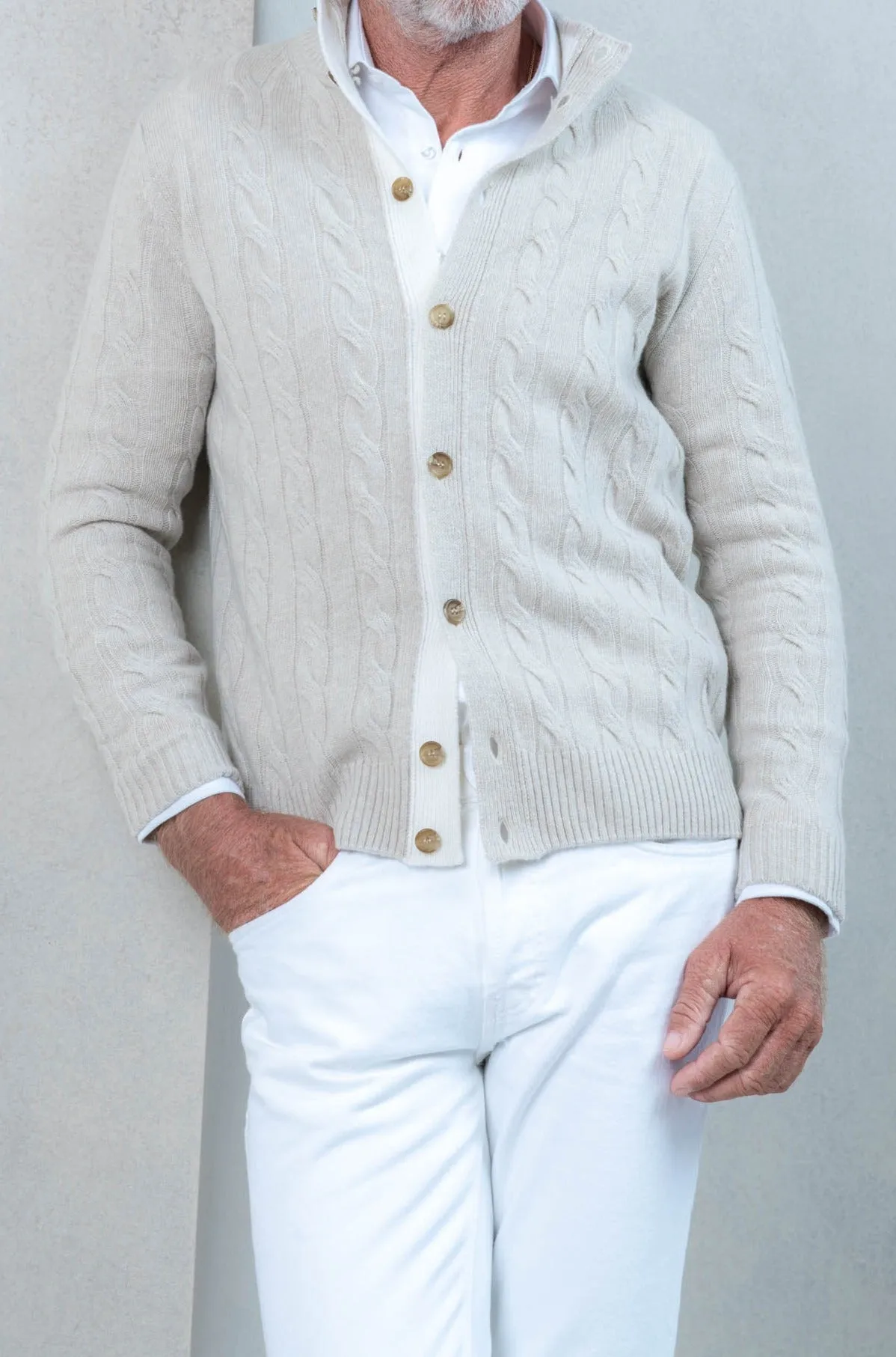Beige cable knit cardigan – Made in Italy sold by Pini Parma