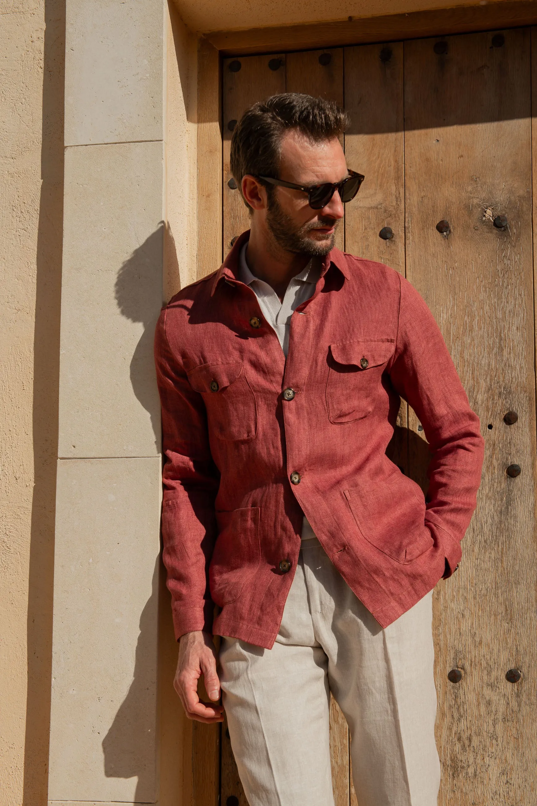 Red herringbone linen safari jacket – Made in Italy sold by Pini Parma