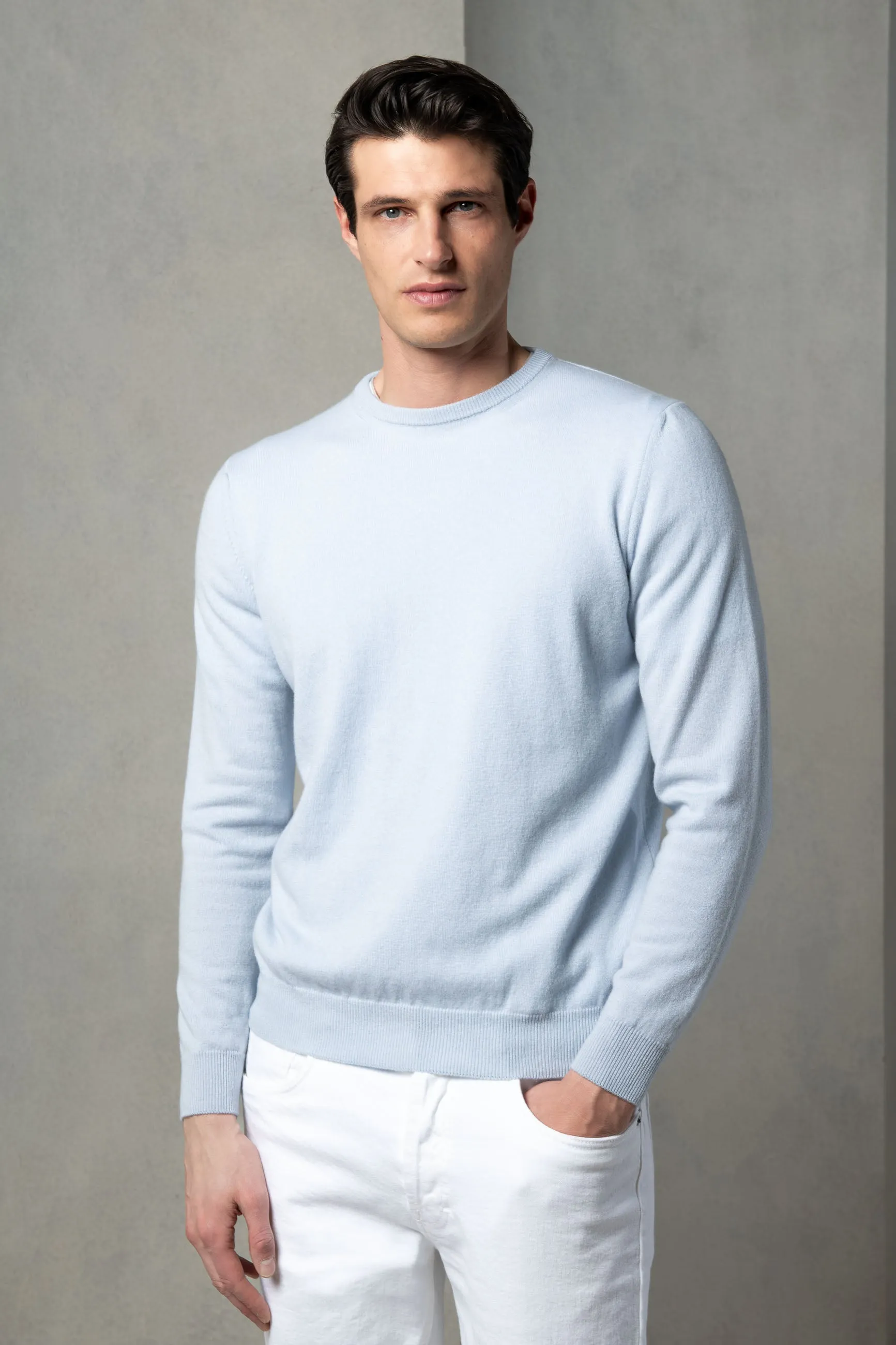 Light blue cashmere round neck – Made in italy sold by Pini Parma