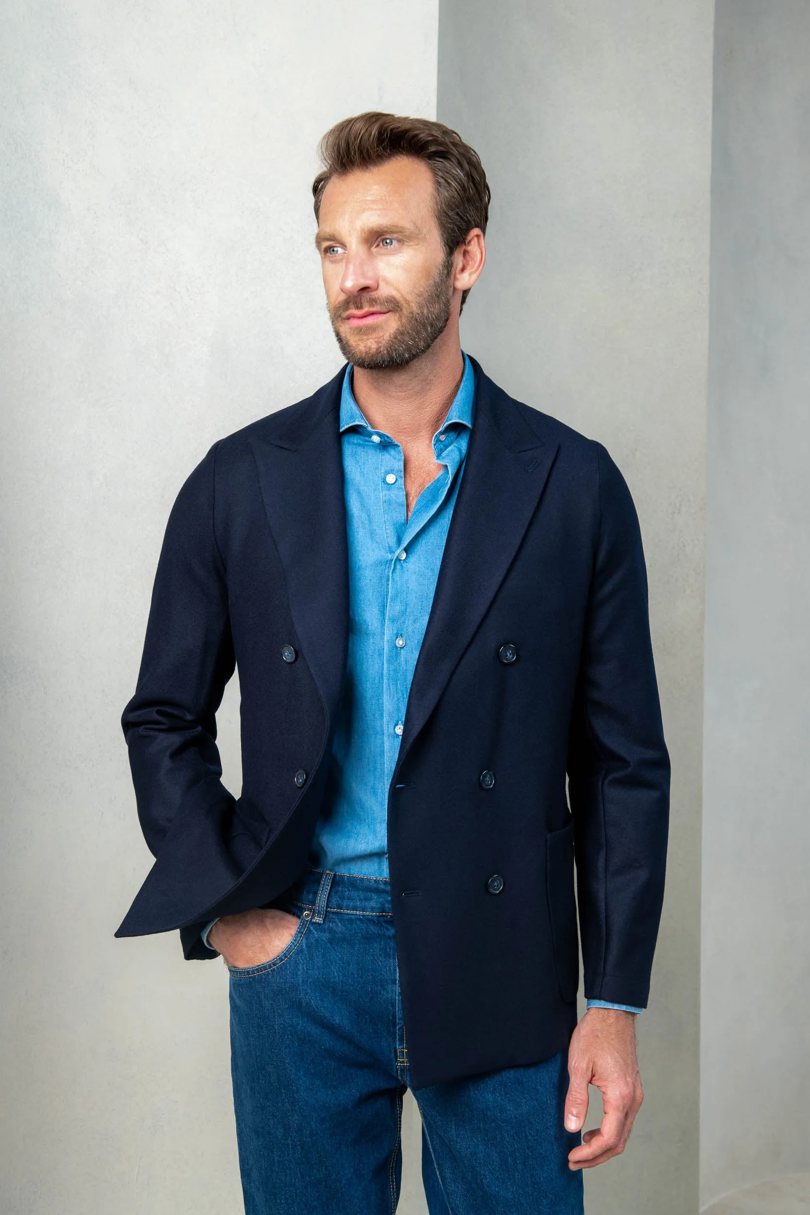 Blue double breasted jacket in Loro Piana jersey - Made in Italy sold by Pini Parma product image thumbnail 4