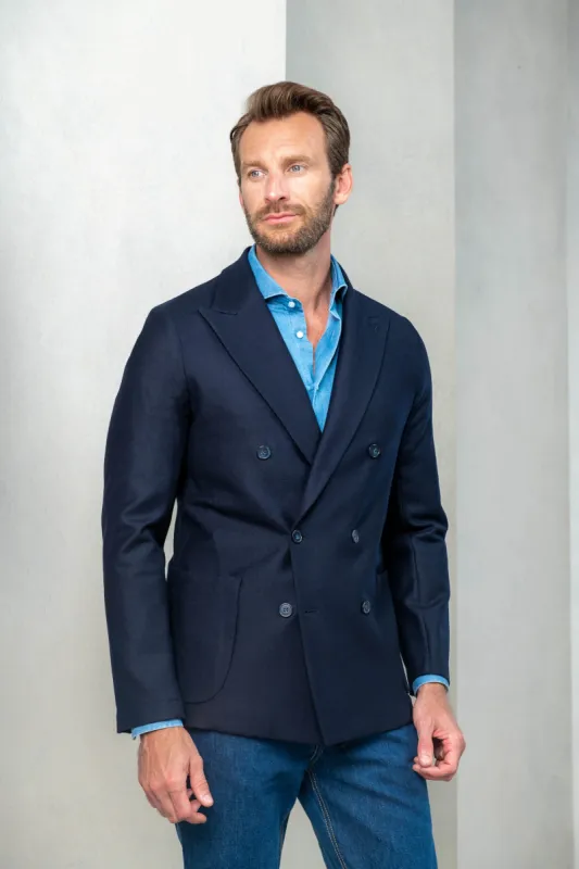 Blue double breasted jacket in Loro Piana jersey - Made in Italy sold by Pini Parma