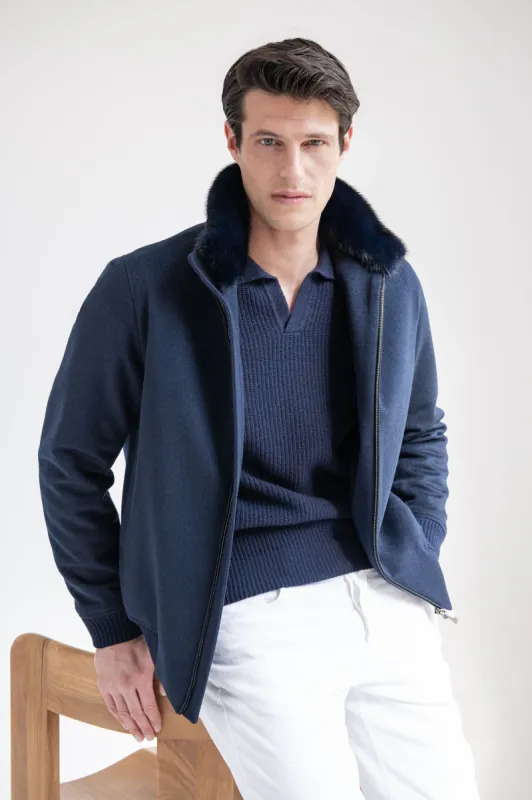 Blue bomber with removable mink collar – Made in Italy sold by Pini Parma