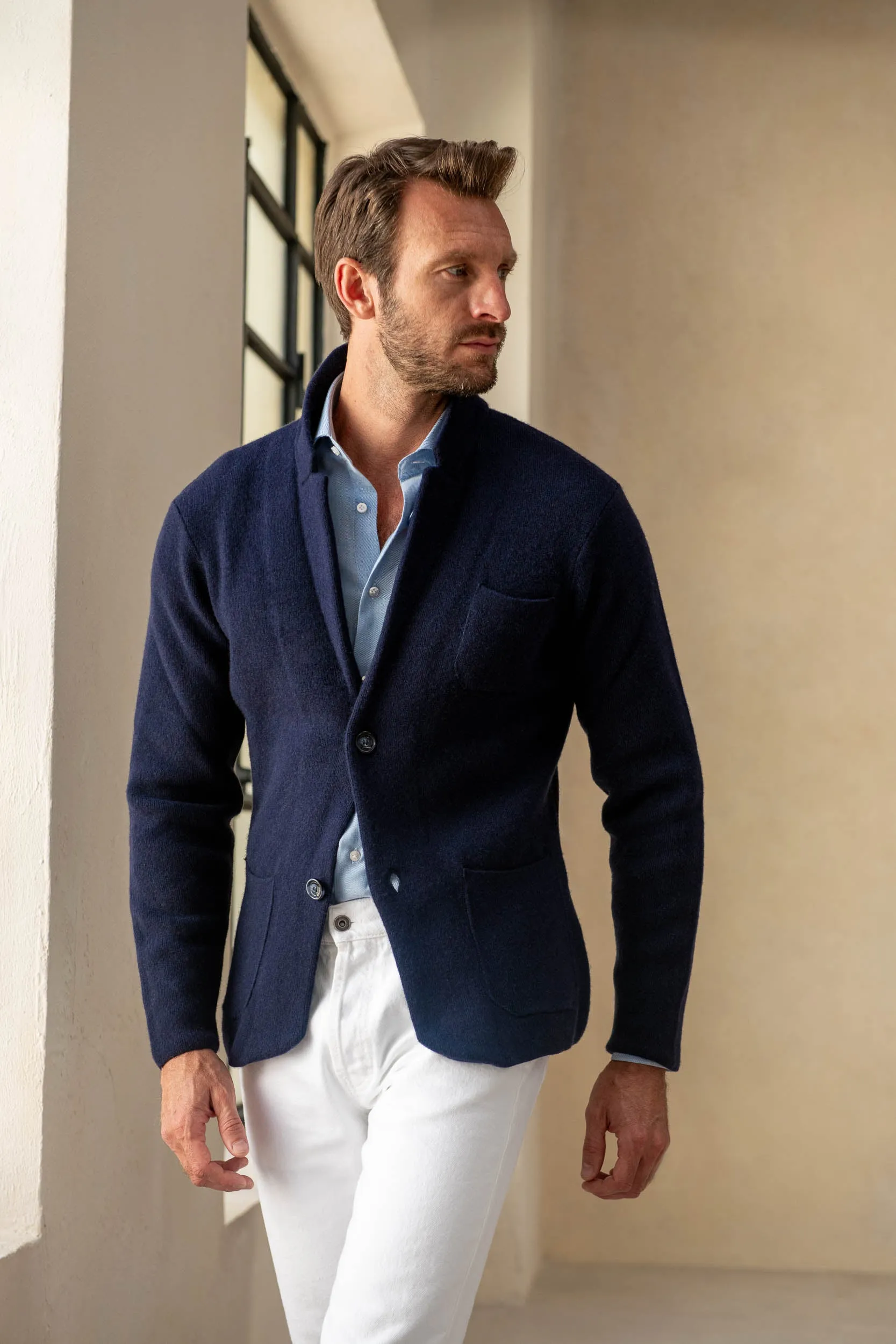 Blue knitted jacket - wool and cashmere - Made in Italy sold by Pini Parma