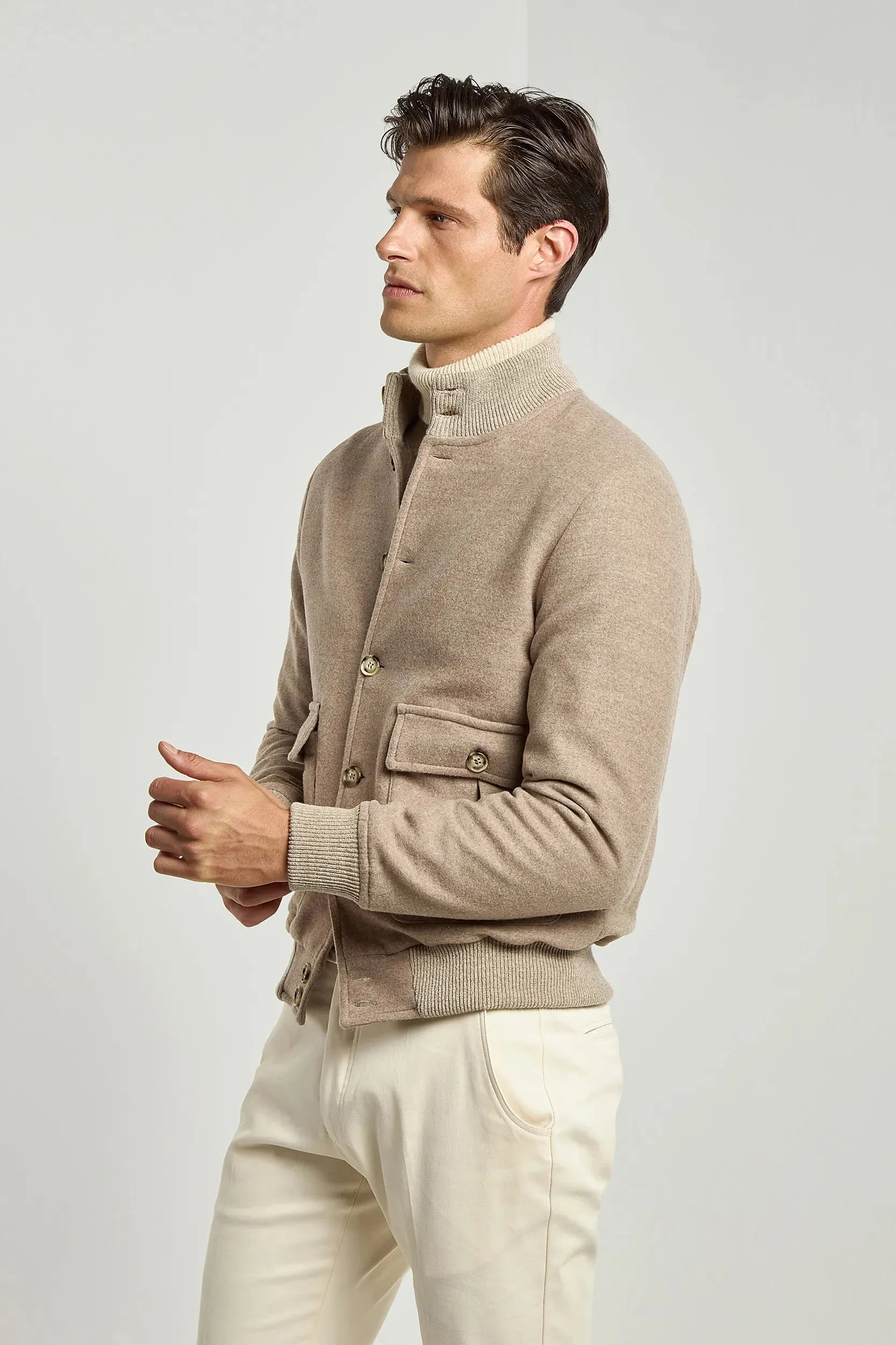 Beige Super 180's wool flannel bomber jacket – Made in Italy sold by Pini Parma
