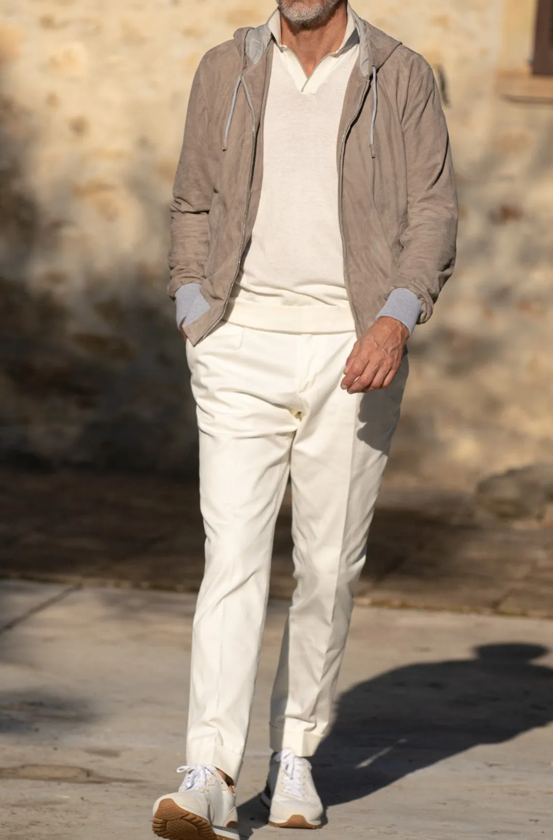 Taupe suede hooded bomber jacket – Made in Italy sold by Pini Parma