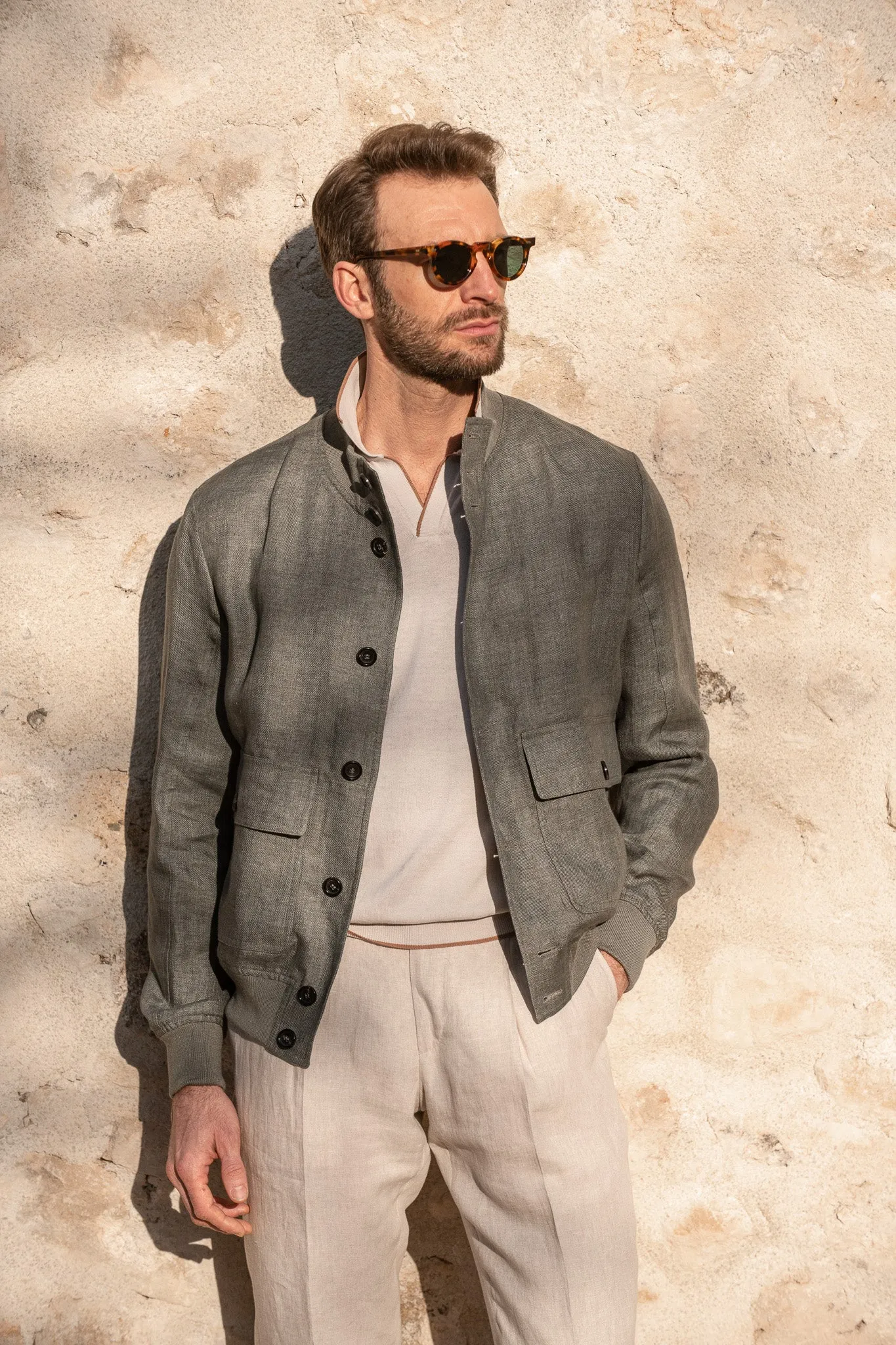 Sage linen bomber jacket – Made in Italy sold by Pini Parma