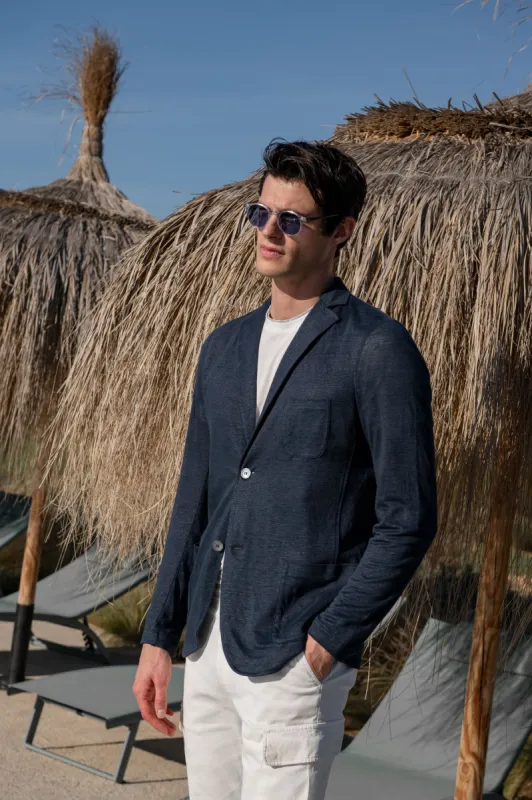 Blue linen knitted jacket - Made in Italy sold by Pini Parma