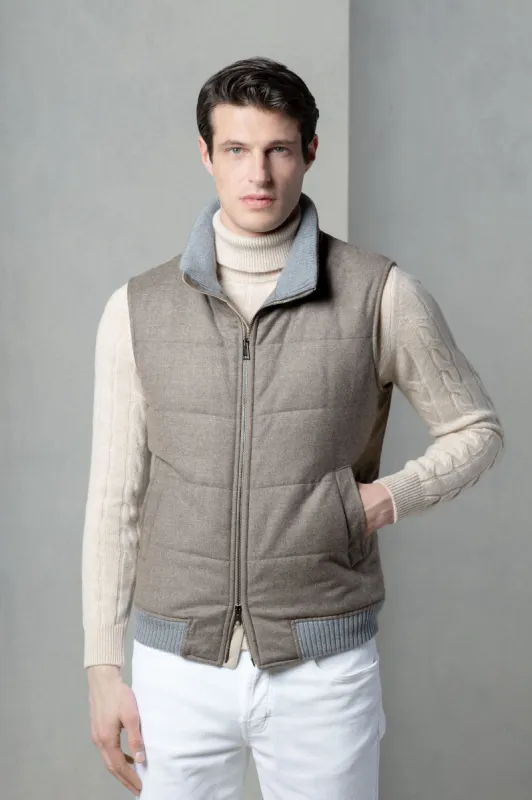 Taupe down vest in wool & cashmere – Made in Italy sold by Pini Parma