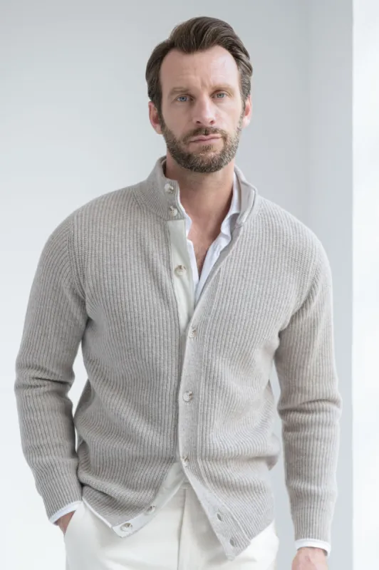 Taupe ribbed cashmere blend cardigan – Made in Italy sold by Pini Parma