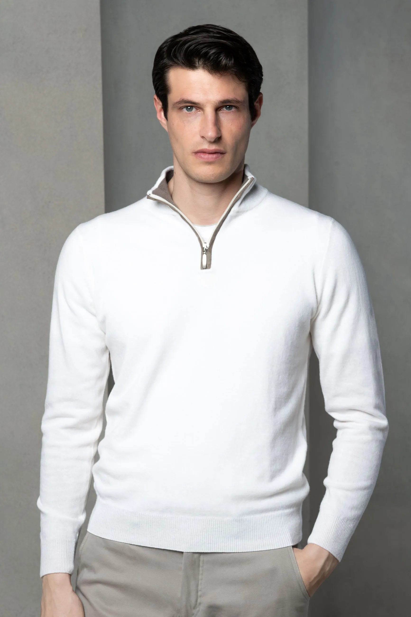 Off-white wool and cashmere half zip - Made in Italy sold by Pini Parma